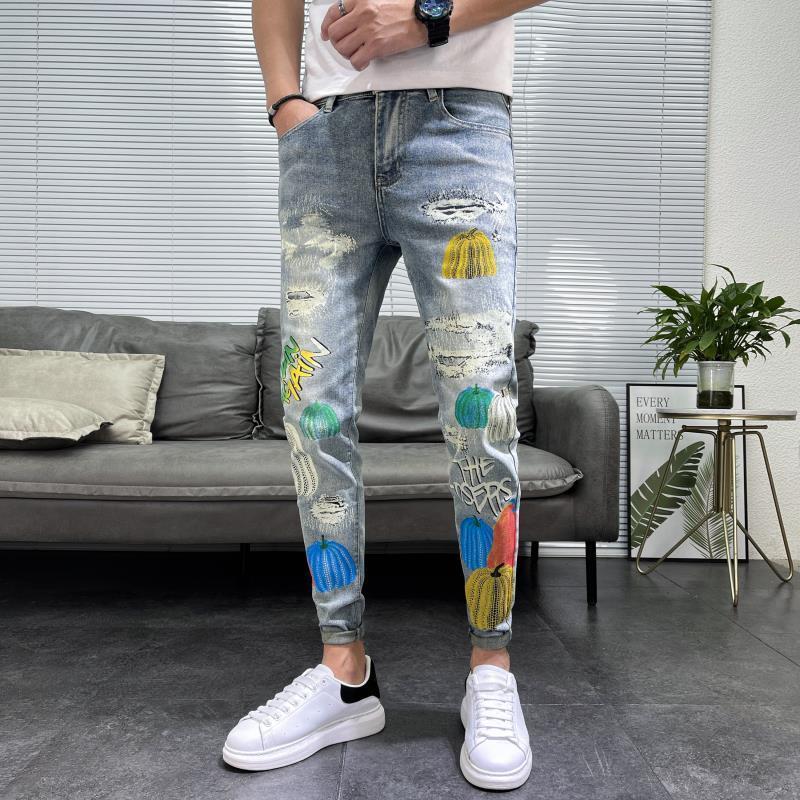 2025九分トレンドプリントジーンズ男カボチャ春秋スリム小足ロングパンツ