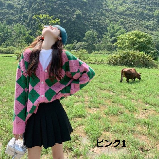 ニットカーディガン レディース カーディガン セーター Ｖネック ボタン 羽織 ライトアウター チェック柄 アーガイル模様 カジュアル お出掛け おしゃれ 秋冬 暖かい 長袖 ニットカーディガン