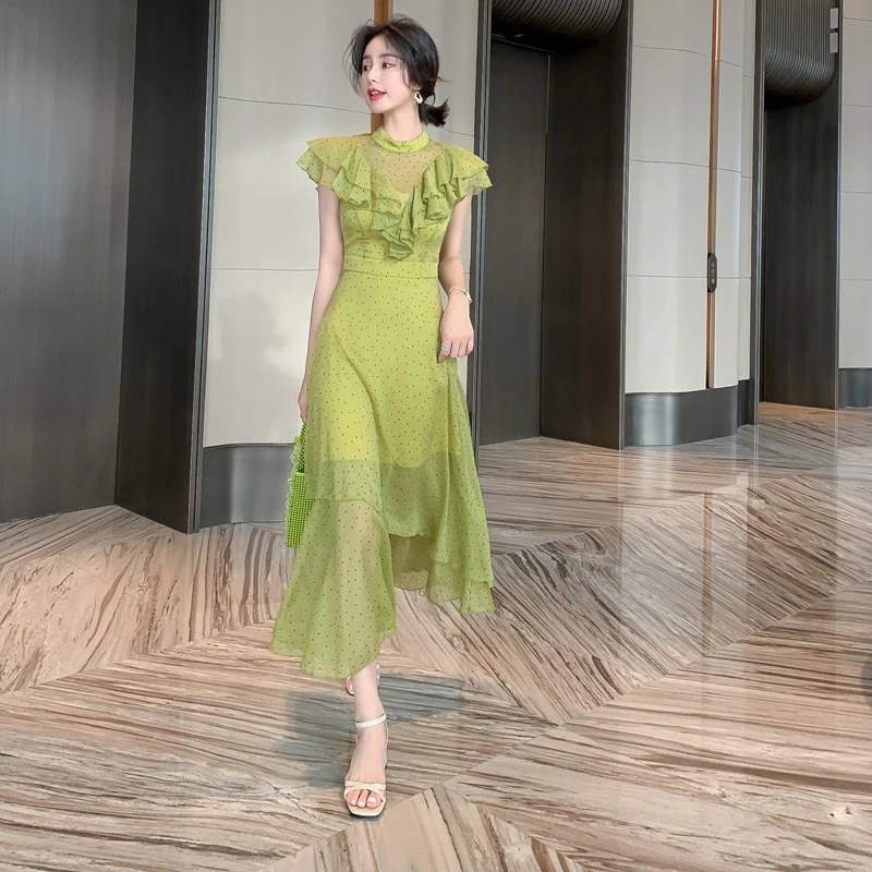 【JY.上品】 夏服 ステッチ 水玉 ワンピース シフォン ロングスカート フォーマル パーティードレス 同窓会 結婚式 披露宴 卒業式 演奏会 ドレス 二次会 発表会 6,448円