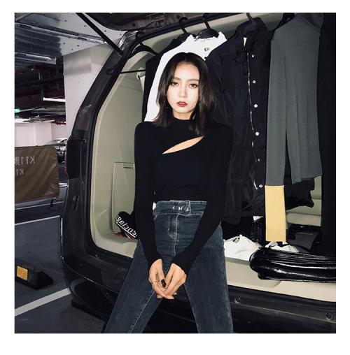 セーター レディース ハイネック 長袖 トップス 秋冬 カットアウト 韓国 カジュアル おしゃれ シック すっきり シンプル 無地 黒