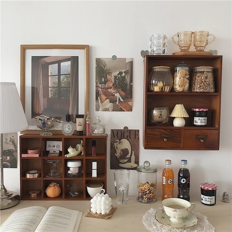 メガ割 韓国インテリ韓国雑収納ボックレトロな無垢材のキャビネッ壁に取り付けられたラック福袋