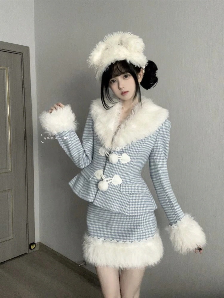 2026流行スーツドレス チェックファーウエストマーク長袖コート冬新作キュートスカート2点セット
