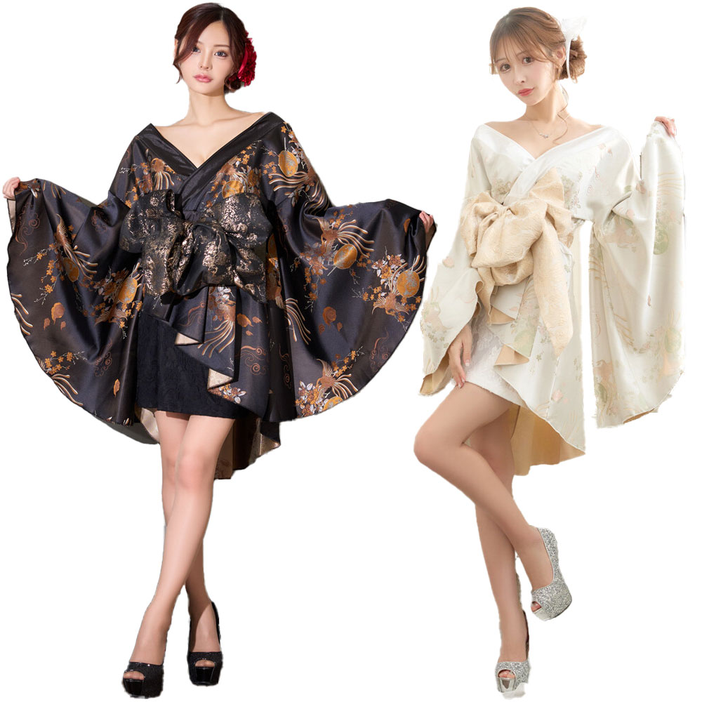 【2点セット/2カラー】和柄 花柄 レーススカート フリル ミニ 豪華 帯 花魁 着物 ドレス コスプレ ハロウィン キャバドレス [1370]