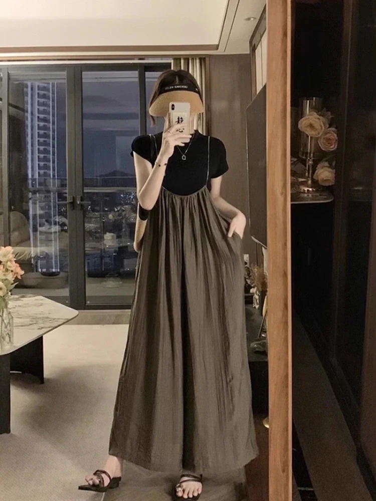 今年の流行スーツ夏の減齢サスペンダーワイドパンツ 百掛け 新作 サロペット 着痩せ