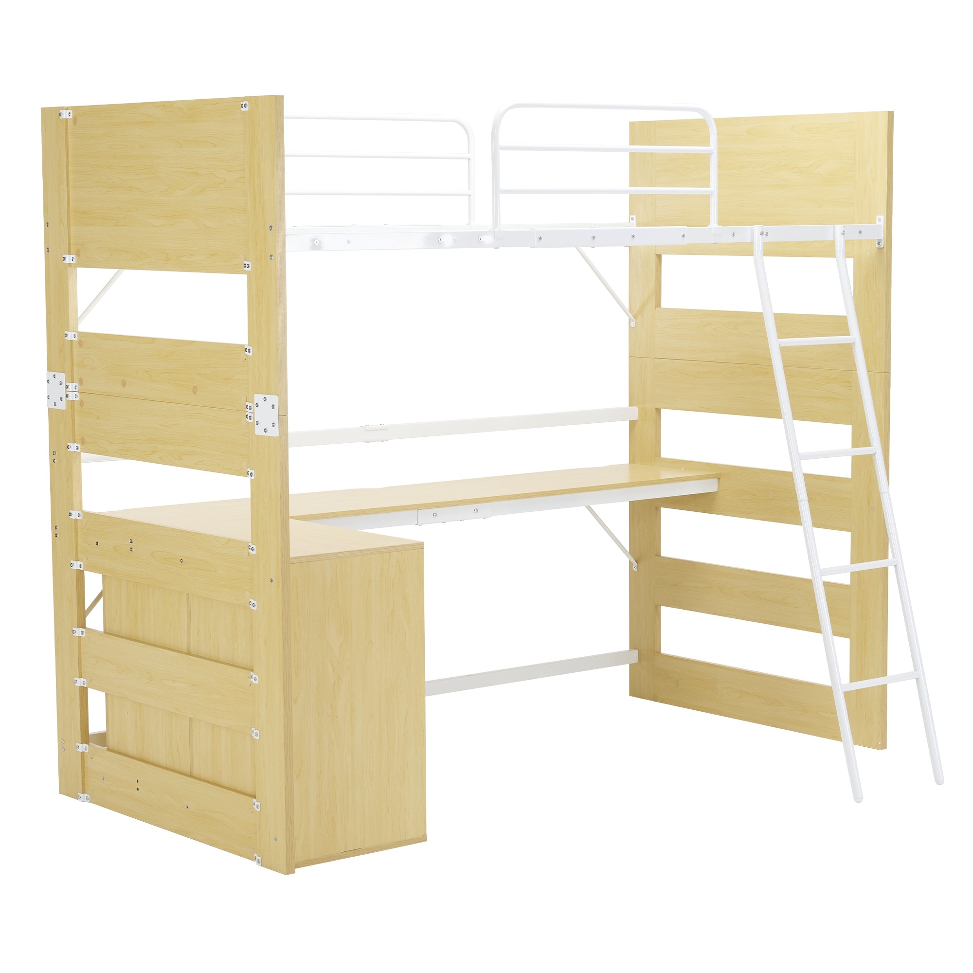 [レビュー投稿で 100 ポイント返還]ロフトベッド天然木頑丈パイン材階段デスク付き北欧風収納大人シングル上下分割可能一人暮らしベッド木製ロフトベッドナチュラルxホワイト