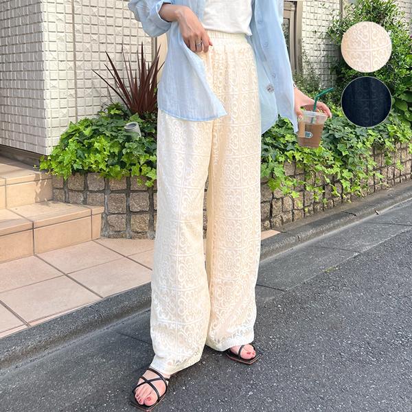 レース 華やか ゆったり パンツ ワイドパンツ 脚長効果 ボトム ルーズ レディース 春 夏 カジュアル お洒落 / レースルーズパンツ