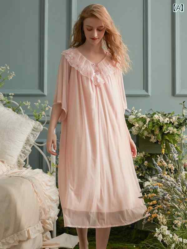 ネグリジェ レディース 宮廷風 七分袖 レース シフォン ワンピース ドレス 透け感 上品 ルーム ナイト ホームウェア 5,323円