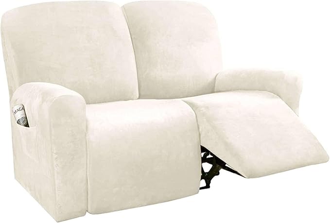 ストレッチベルベットラウンジソファーカバー 2人掛け 6分割 サイドポケット付き 電動ラウンジソファーカバー 滑り止めソファーカバー 子供とペット用 - アイボリー - 2人掛け