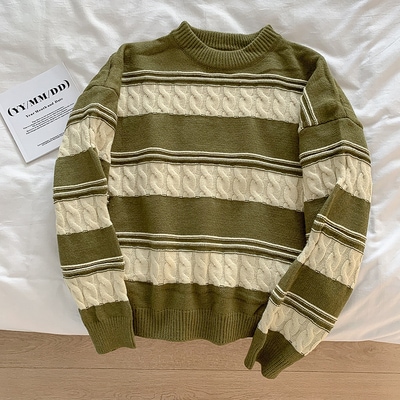 トップス カットソー ニットソー セーター ボーダー 袖あり 長袖 ゆる グリーン ブラウン ブラック かわいい 大人可愛い 上品 おしゃれ 主役級 存在感 春 秋 冬 10代 20代 30代 個性的