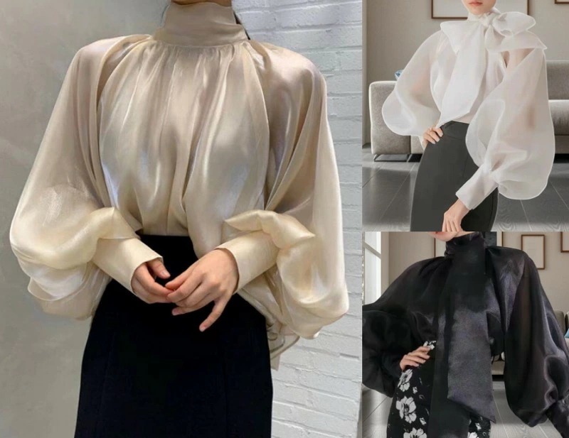 トップス 長袖 ブラウス シャツ ボリューム袖 きれいめ オフィスカジュアル シンプル レディース大きいサイズ レディース 春夏 チュニック フォーマル オフィス ボウタイ シフォン シャツ インナー