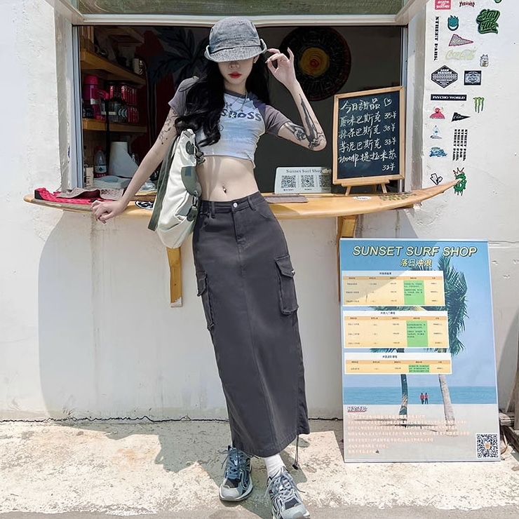 スカート ロングスカート ロング ロング丈 ストレート Iライン スリット バックスリット ファスナー ポケット ハイウエスト 綿 かわいい 大人可愛い シンプル カジュアル おしゃれ レトロ