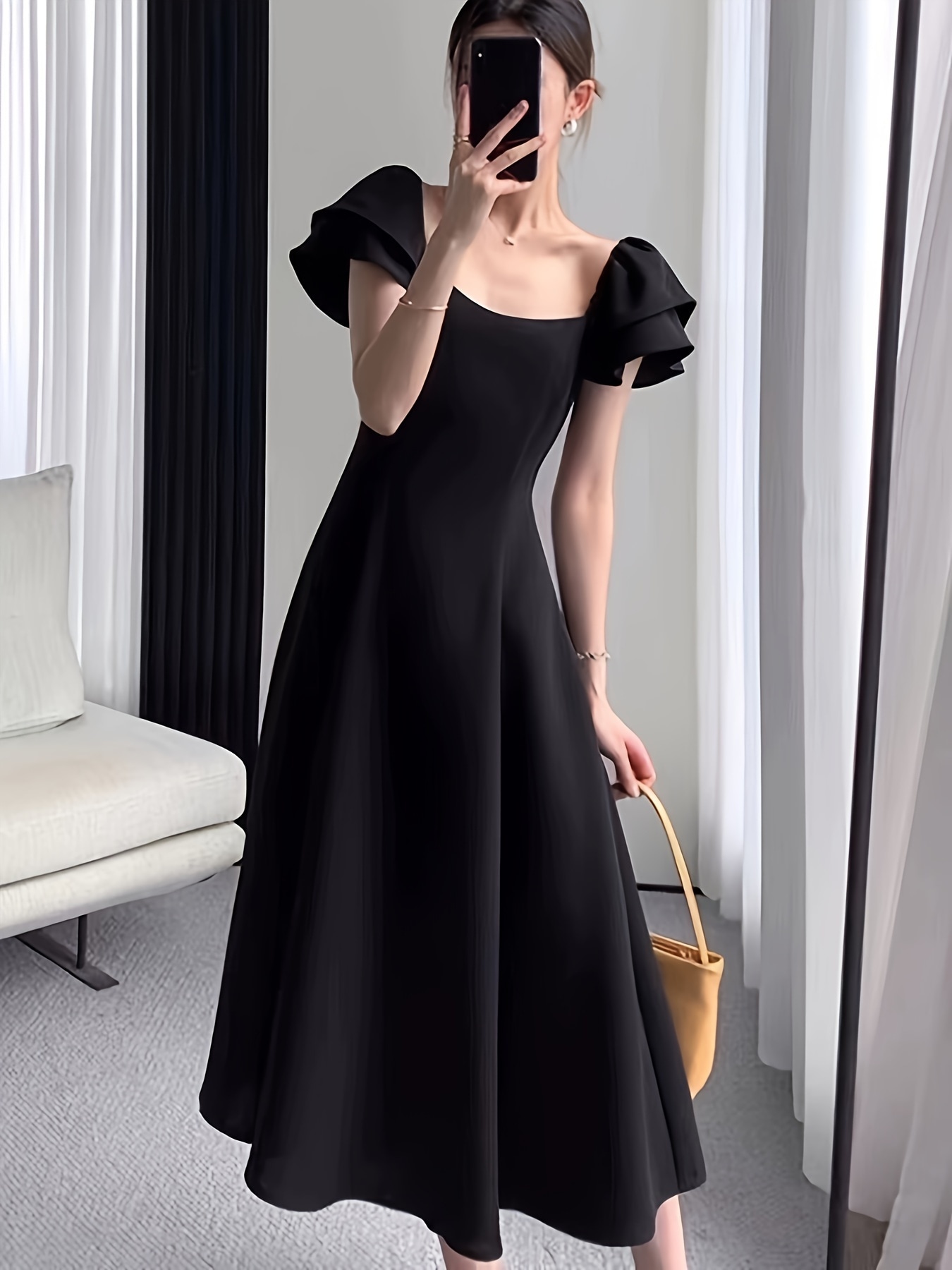 スクエアネックAラインエッセンシャルドレス春夏向けのエレガントなフラッタースリーブドレスレディース服