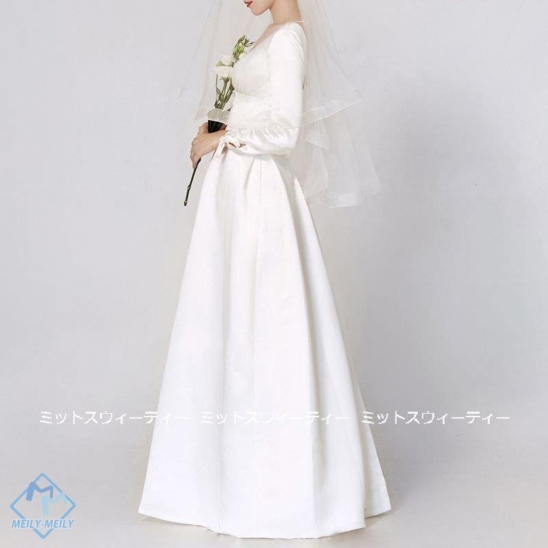 韓国ファッションウェディングドレス ロングドレス 結婚式 ウエディングドレス 長袖 Aラインドレス 二次会 花嫁 前撮り エレガント サテン ホワイト シンプル リゾート 披露宴