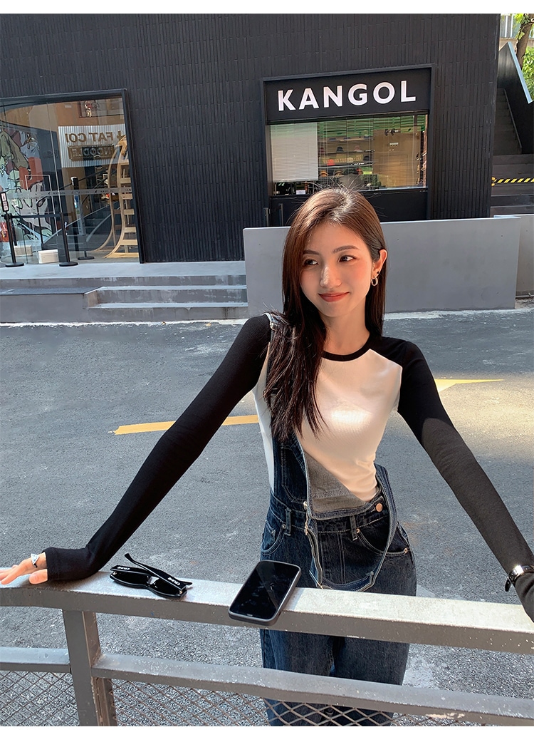 レディース コントラストカラー ステッチ 長袖 tシャツ 女性 オールマッチ インナー シャツ ラグランスリーブ トップ グレー ホワイト グリーン ブルー S M L トップス 袖あり かわいい