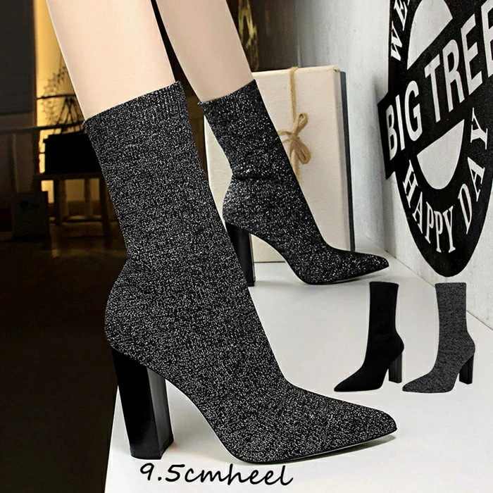 【急速出荷!】ブーツ レディース ショートブーツ ソックスブーツ レディース シューズ チャンキーヒール　ブーツ ポインテッドトゥ レディース靴 ショートブーツ ストレッチブーツ 美脚 太ヒール チャ