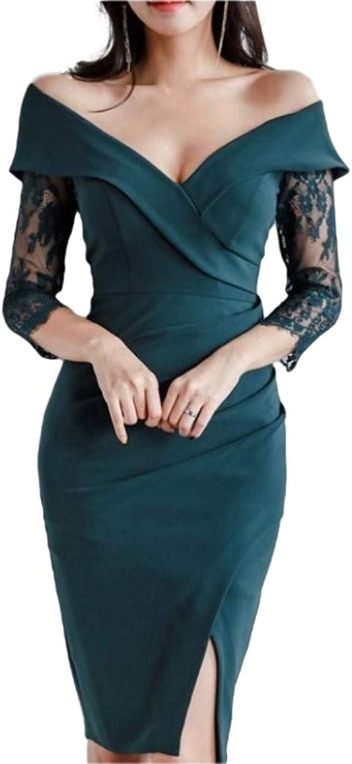 アイラカリラ オフショルダー ワンピース ワイドVカット レーススリーブ クラブドレス 七分袖 タイト レディース ミントグリーン(ミントグリーン, M)