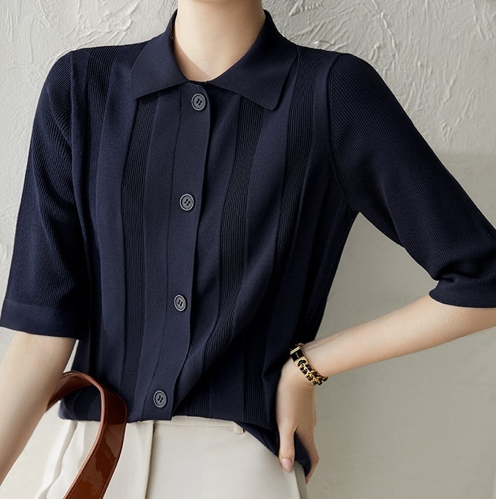 七分袖ニットセーター カジュアルニットシャツ オフィスカジュアル ニットシャツ トップス Tシャツ シャツ ブラウス ニットソー セーター 白トップス 袖あり 7分袖 七分袖 長袖 Vネック 襟付き