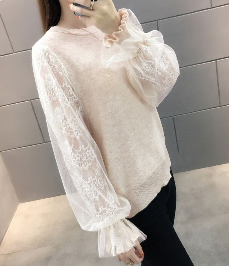 デート レース モテアイテム ニットソー 長袖 ラウンドネック チュール シフォン 透け感 シースルー ニット 可愛い きれいめ 上品 おしゃれ かっこいい 可愛い ラブリー キュート