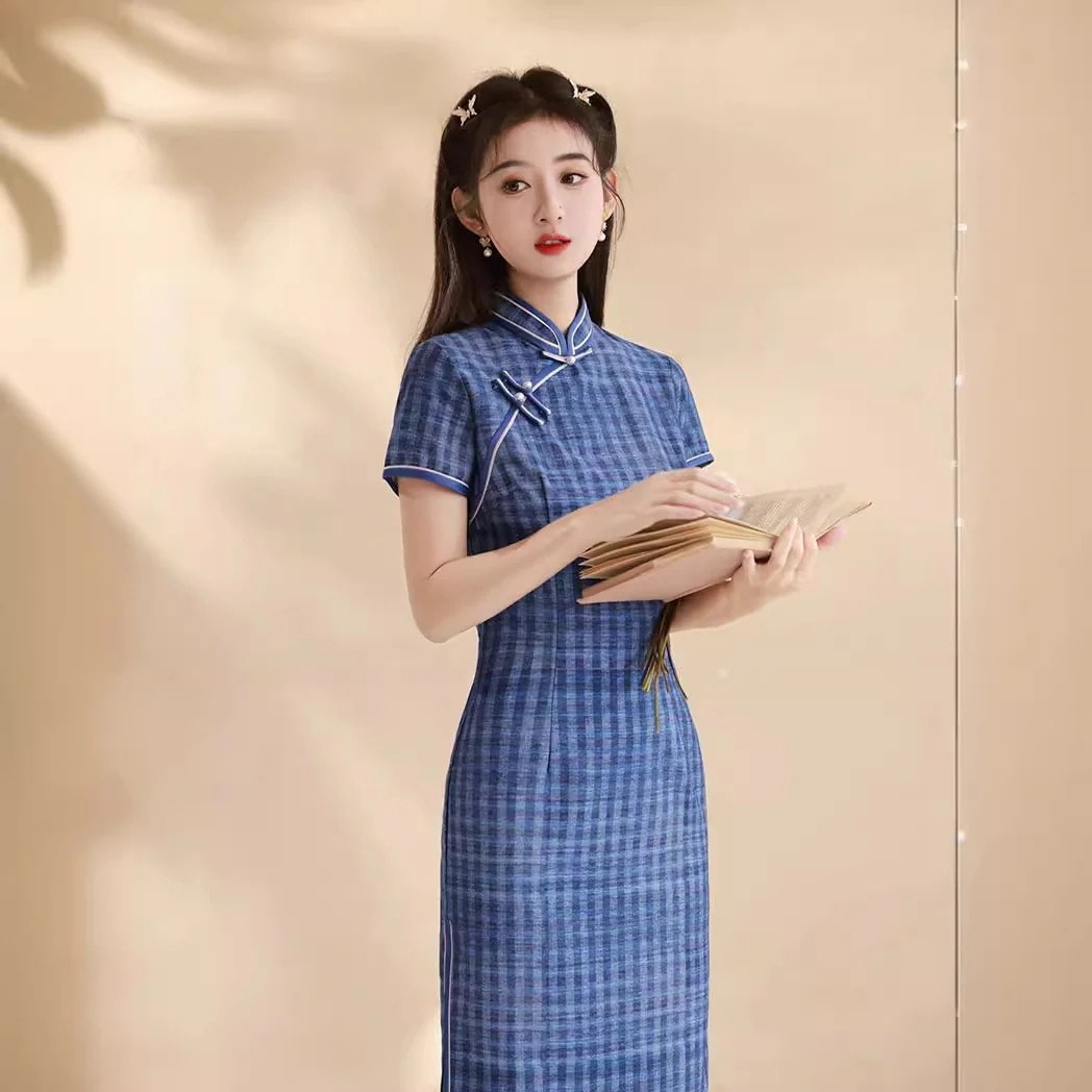 2024 春夏改良チャイナドレス文学レトロ日常綿麻チェック柄共和党スタイル婦人服