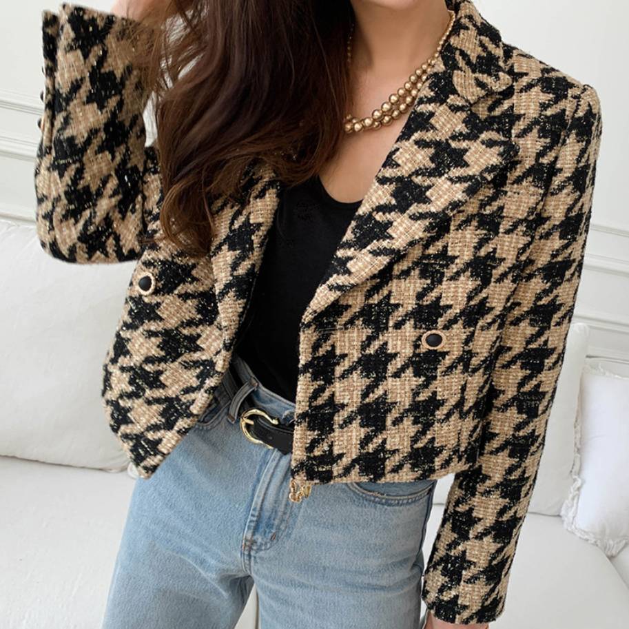 レディース レディースジャケット 千鳥格子 黒 ベージュ系 上着 かっこいい レトロ カジュアル キ 6,410円