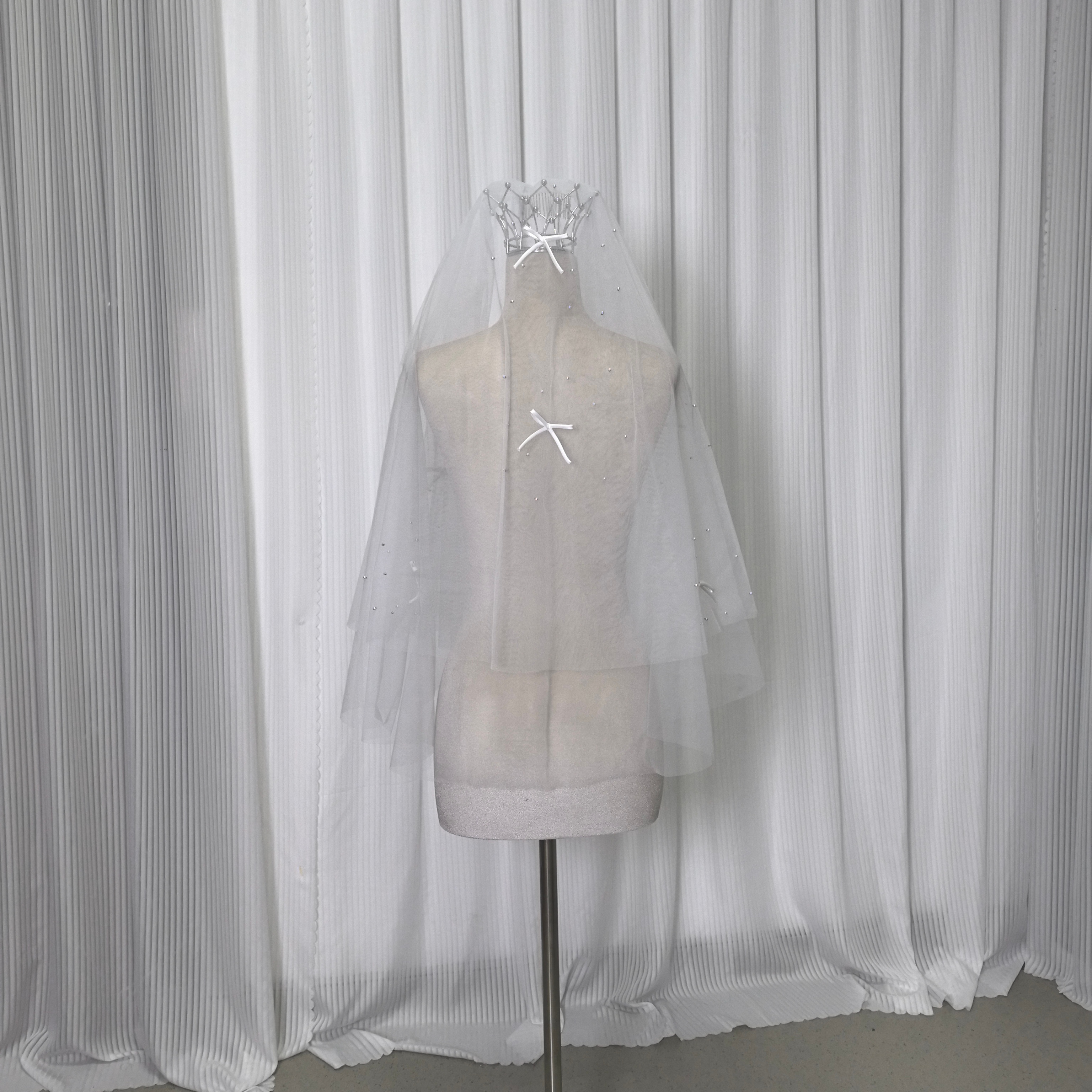 短いベール リボン パール 可愛い デザイン感 花嫁/ウェディングドレス