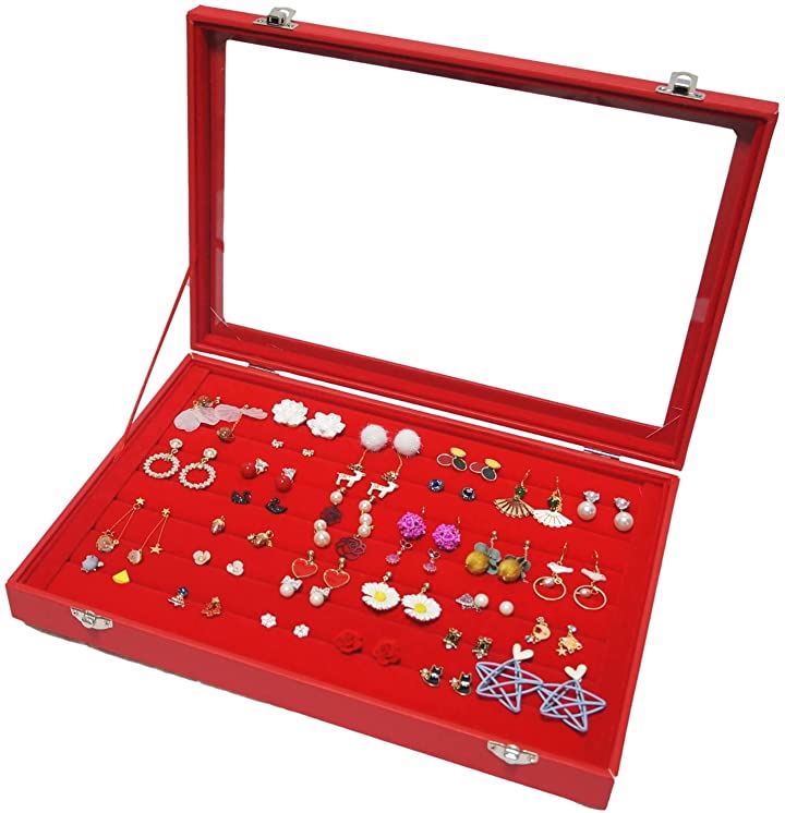 アクセサリー 収納 ボックス ケース(レッド大ピアスセット付)