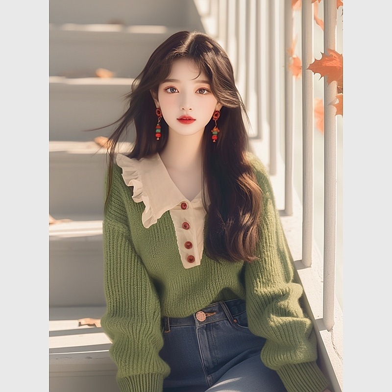 2024初秋の新スタイルセーター風怠惰な高級感ソフトワックス老化防止グリーンラペルニットトップレディース