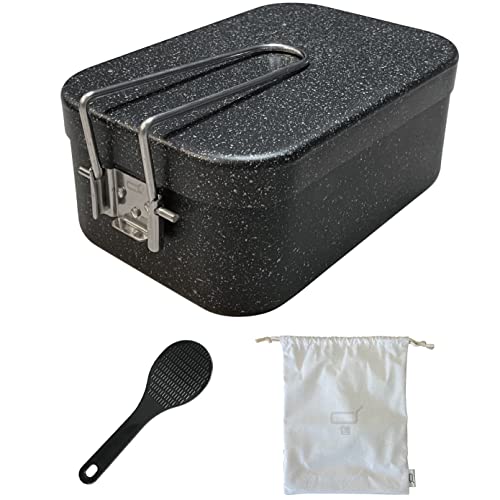 d+ メスティン (3合サイズ / 3点セット) マーブル加工 焦げにくい (ミニしゃもじ/収納袋 付き) 重量 / 400g (ロック式ハンドル)