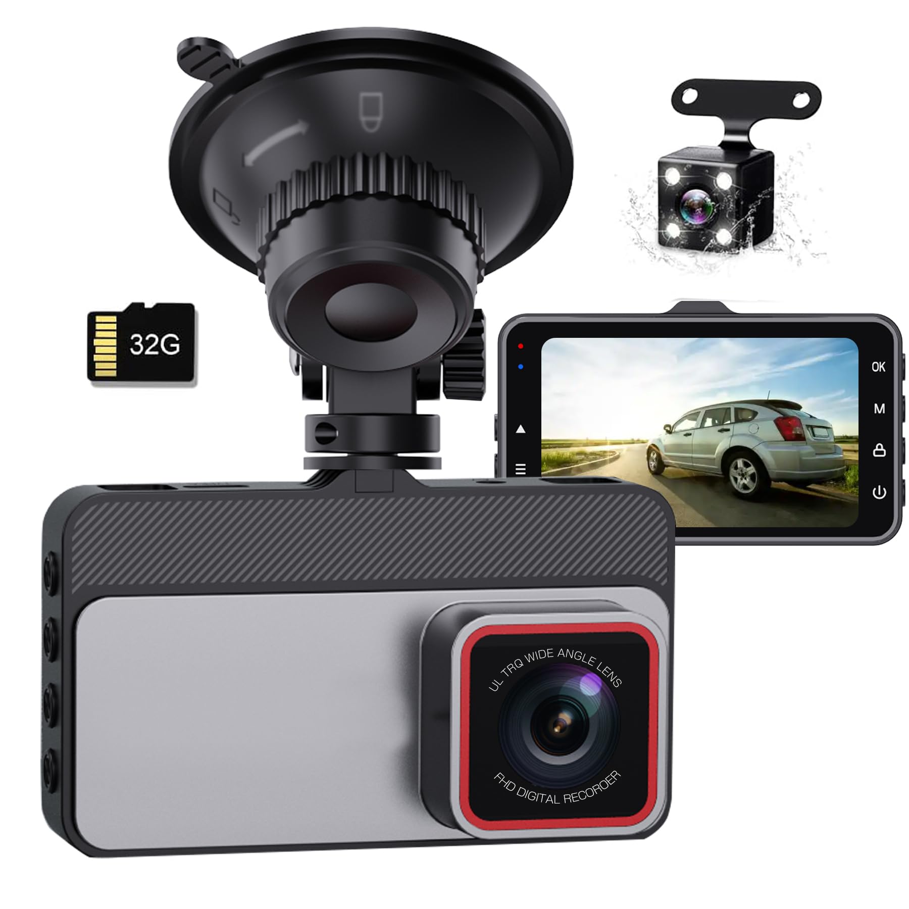 VSAIL ドラレコ 車用 ドライブレコーダー 前後 2カメラ 3インチ ドラレコ 小型 ドラレコ 300万画素 1296P 170度超広角 32GBカード付き HDR/WDR画像補正技術 エンジンO