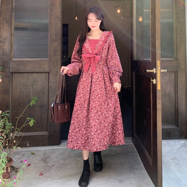 花柄ワンピース レッド ワンピース ロング スリム 細身 ストレート スマート かわいい きれいめ