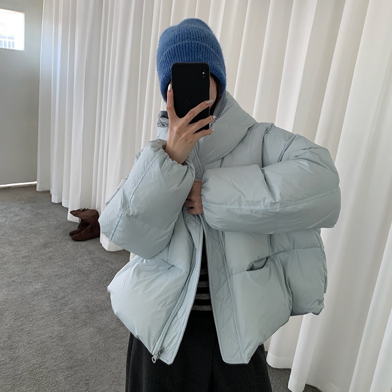 リバーシブル韓国風ジップアップフード付きダウンジャケット（レディース）冬用ホワイトダックダウンコート