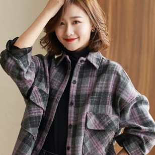 チェック柄シャツ トップス シャツ ブラウス カジュアル パープル 紫 レギュラー丈 袖あり 長袖