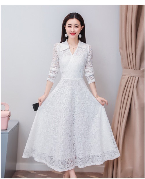 A1099.襟付きVネックレースシースルーフレアワンピース（ホワイト）2019 春夏 sale ドレス エレガント お呼ばれ 結婚式 披露宴 パーティー 女子会 レストラン デート