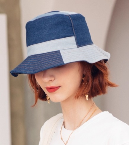レディース 帽子 ハット バケットハット つば付き フェミニン 異国風 切り替えデザイン バイカラー 配色 ステッチ デニム ブルーデニム 中厚手 綿 コットン 大人可愛い カジュアル おしゃれ