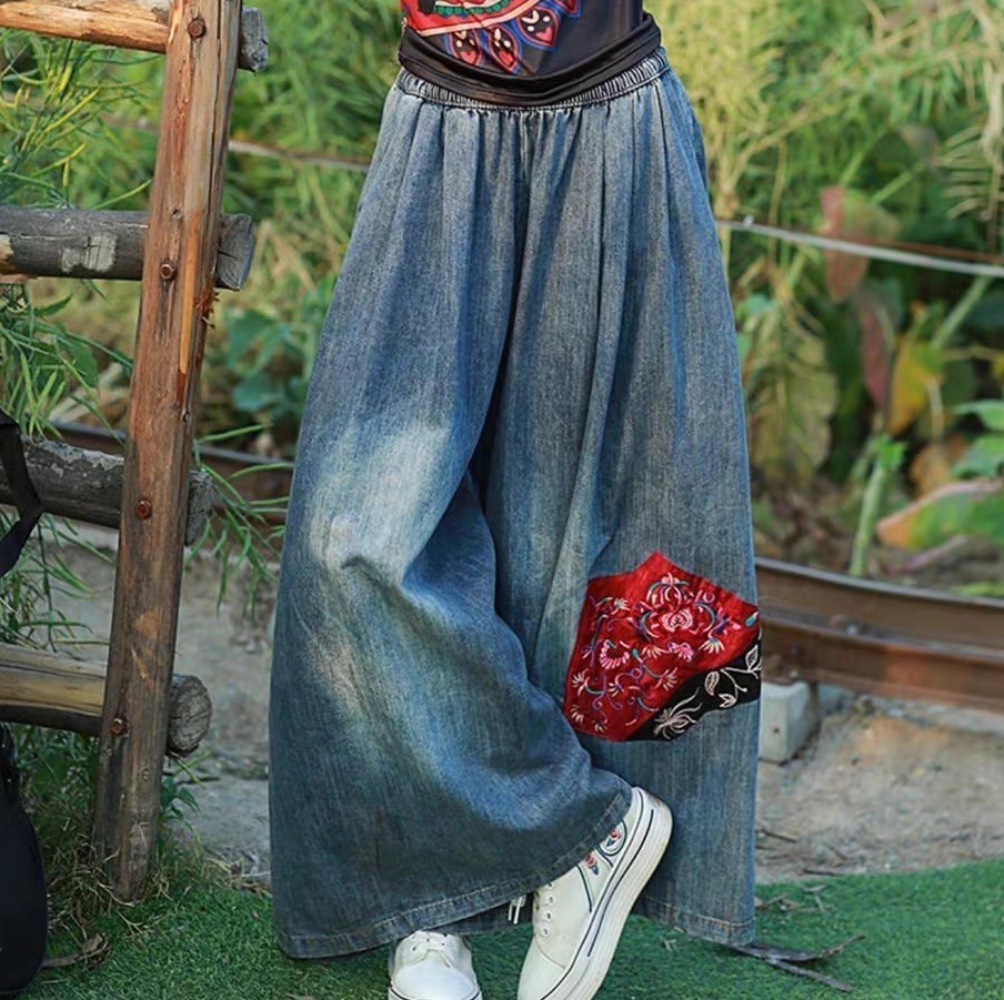 レディース パンツ ボトムス Gパン ストレートパンツ ロングパンツ ワイドパンツ アシンメトリー フルレングス ストレート ドッキング オーバーサイズ フェミニン ストリート 刺繍 ハイウエスト