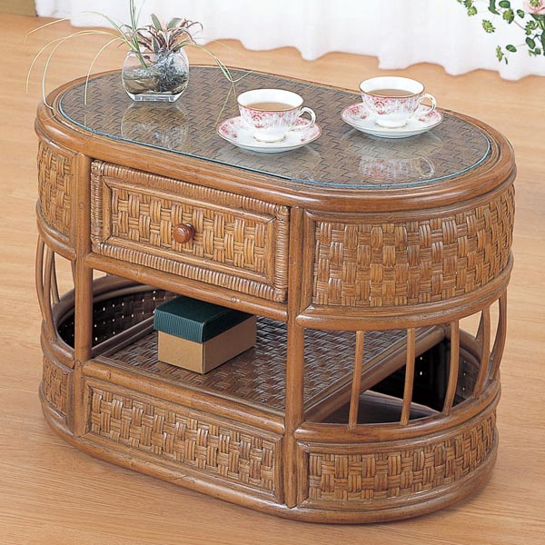 ラタンテーブル 籐 オーバル型 ガラス天板 幅75cm