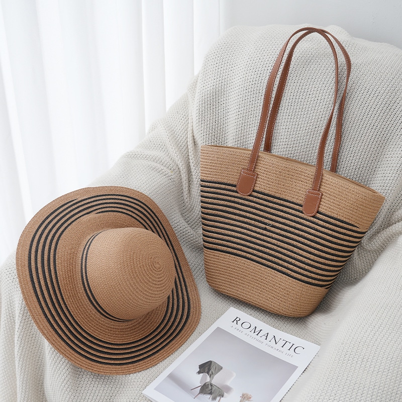 [3色] サマー ミッド ストライプ ラタンバッグ ストローバッグ アン ストローハット バカンスセット
