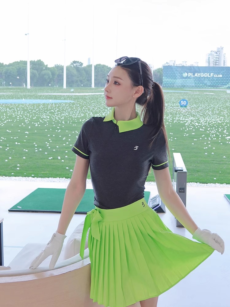 ゴルフウェア レディース スポーツウェア ゴルフスカート POLOシャツ Tシャツ 半袖 スカート 上下セット 黒 蛍光緑 プリーツスカ 春夏 速乾 女性 テニスウェア 韓国風 INS おしゃれ