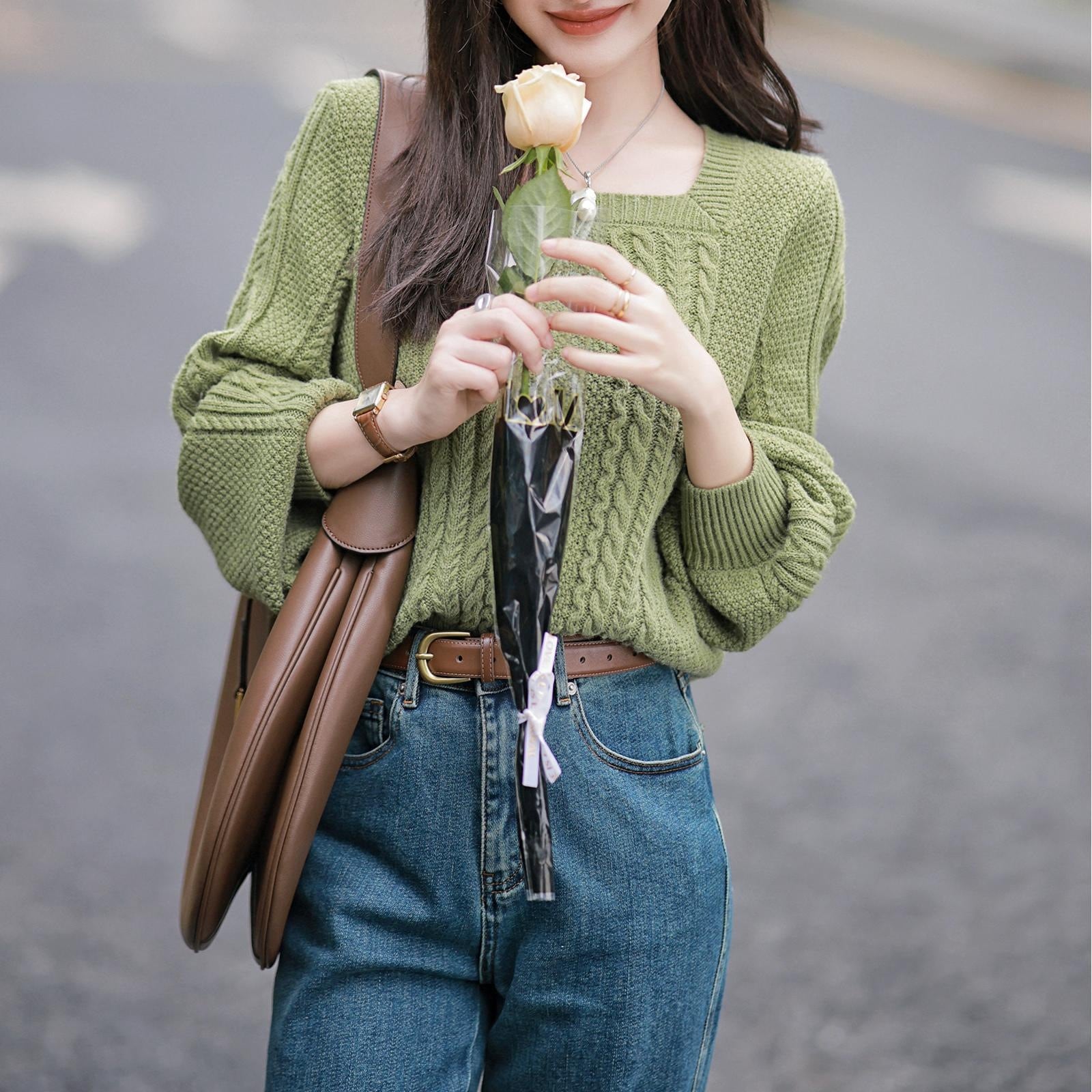 【送.料.無.料.急速発送】抹茶色セーターレトロ風ニット2025秋カジュアルスクエアネック