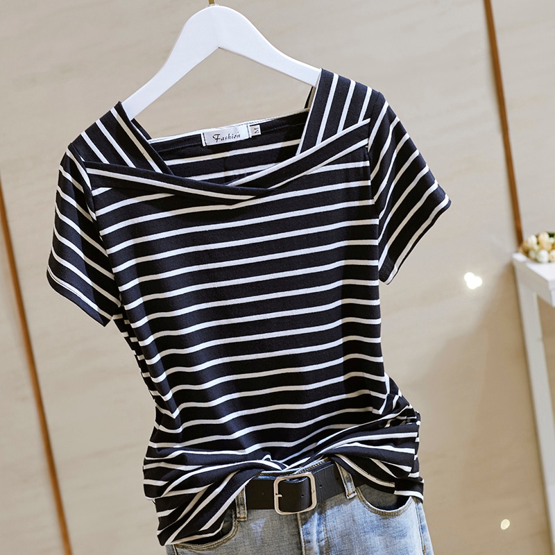 コットン V ネック ストライプ 半袖 t シャツ 女性 韓国夏ゆったりトップス カジュアル アンダーシャツ トップス Tシャツ ミディアム丈 半袖 スクエアネック ストレート 大人可愛い きれいめ 5,480円