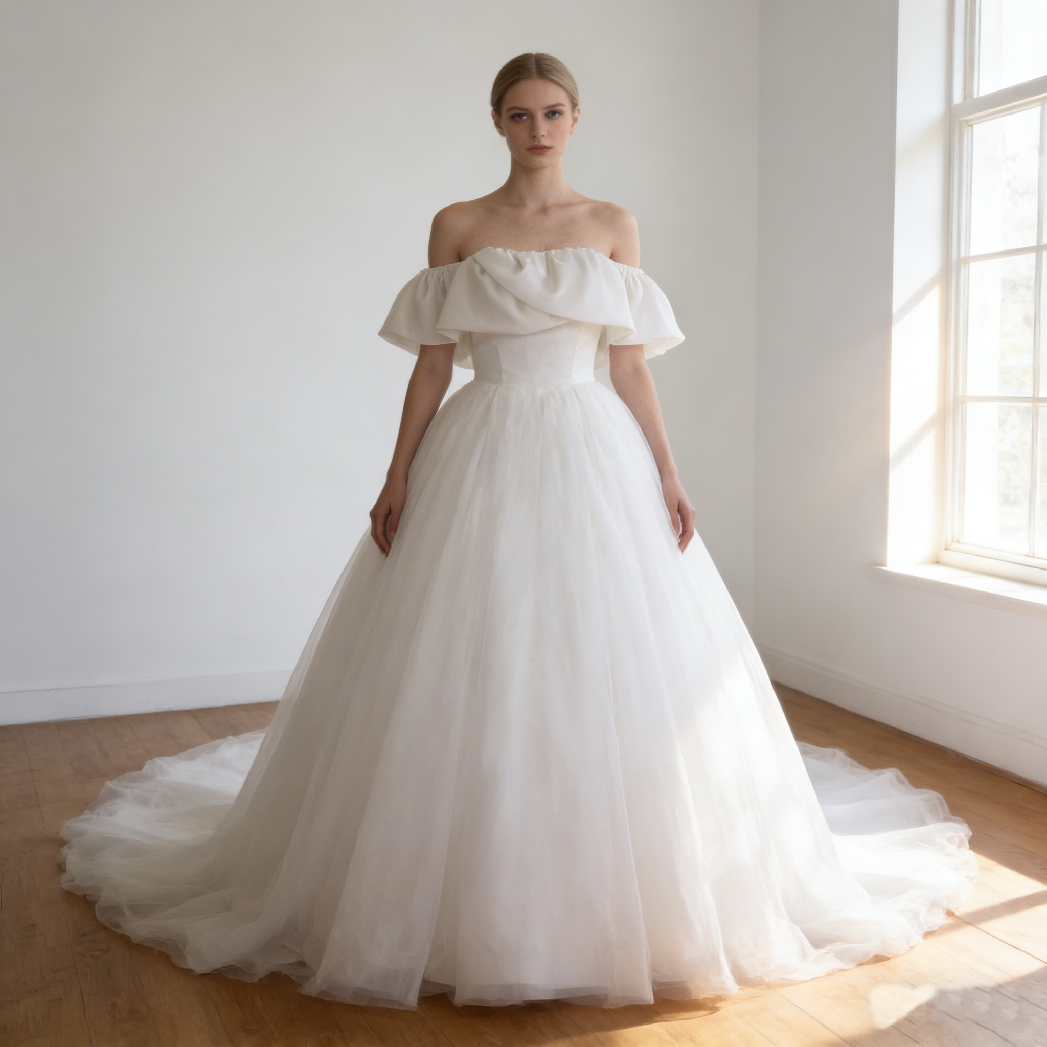 ウエディングドレス オフホワイト オフショルダー 編み上げ ソフトチュール 華やかなトレーン 結婚式