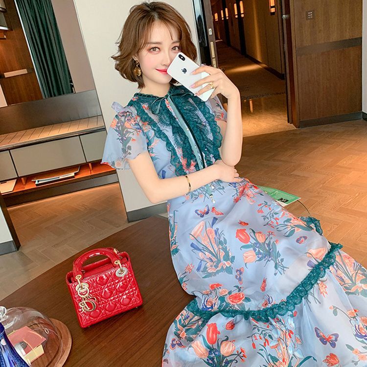 ロングワンピース Aラインワンピース レース 花柄 フラワー パーティードレス 半袖 レディース