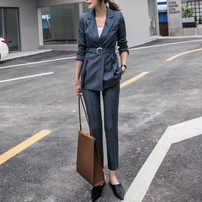 セットアップ スーツ パンツ ボトムス ジャケットベルト ハイウエスト バックル 長袖 ロング ストライプ アンクル丈 センタープレス セミフレア ストレート 襟付き Vネック レトロ lsu0043