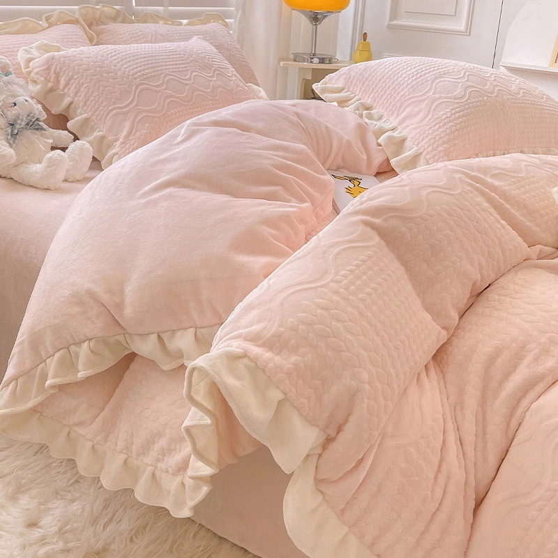 プリンセス スタイル ミルク ベルベット 4 ピース コーラル スエード キルト カバー レディース 冬用厚みのあるフランネル プラッシュ シーツ 4