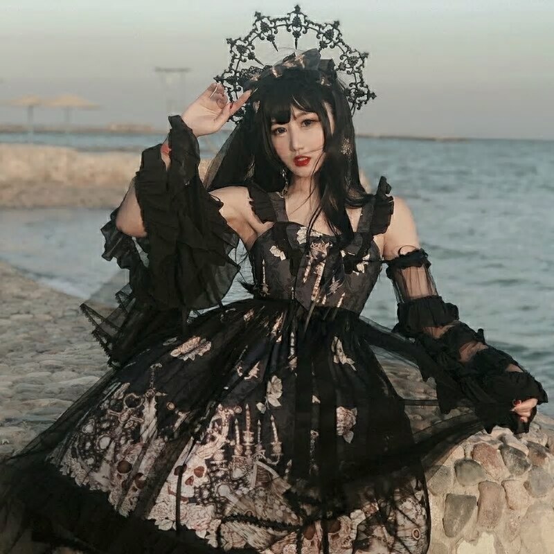 日本のゴシックJskロリータドレス女性ヴィンテージビクトリア朝のノースリーブボウ セスティーパー