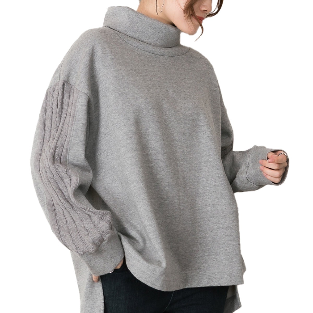 裏起毛 ドッキング ニット トップス レディース トレーナー ハイネック スウェット 異素材 切り替え ゆったり 大きいサイズ 体型カバー 暖かい プルオーバー 秋冬 長袖 オーバーサイズ M L L