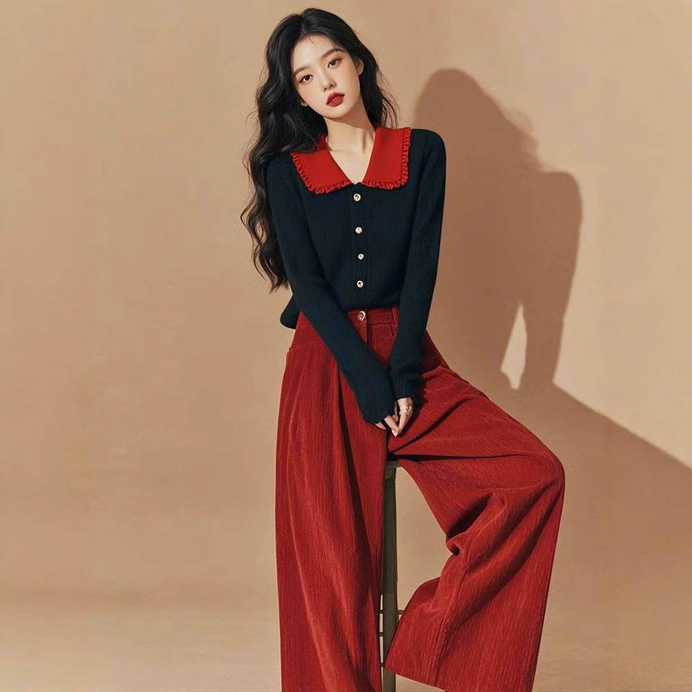 冬の摩耗スーツハイエンド塩タイプの光成長ブラックドールコラーニットカーディガンファッショナブルなレッグパンツ2ピースセット