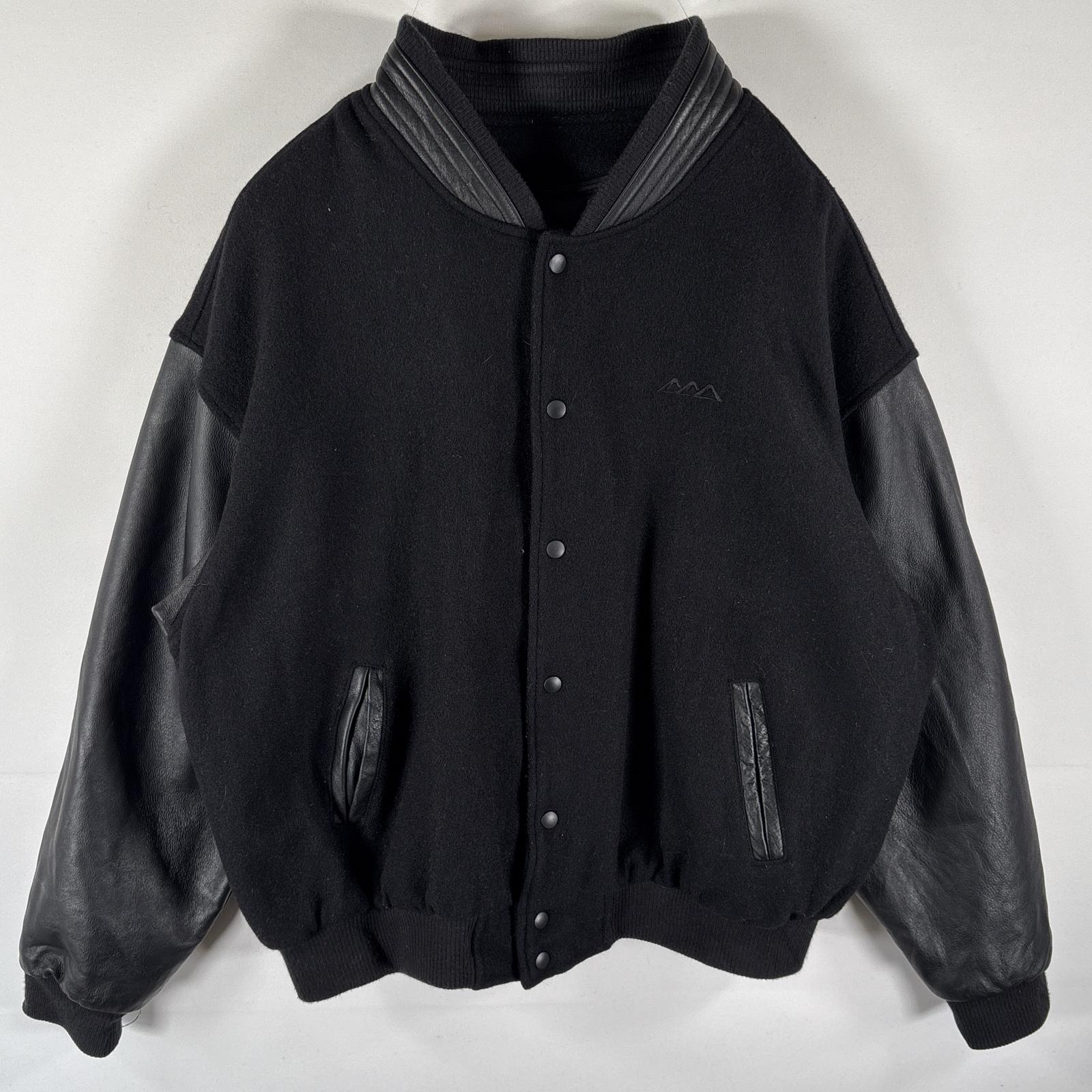 古着 スタジャン ウールレザー アワードジャケット ワンポイント刺繍 大きいサイズ キルティングライナー XXL ブラック メンズ