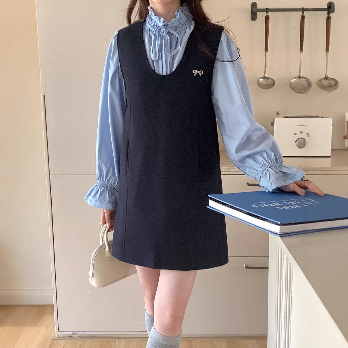 秋冬韓国レトロ学院風 重ね着ベストドレス スリム ノースリーブワンピースAラインワンピ