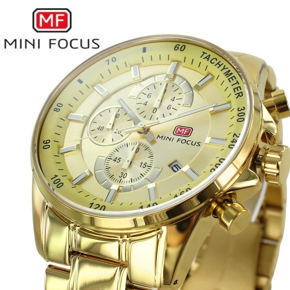 正規品 MINI FOCUS メンズ腕時計 クロノグラフ クォーツ 日付表示 ステンレスバンド かっこいい 腕時計 手表 メンズ 父の日 ゴールド 金色 高級感 おしゃれ ビジネス カジュアル 誕生日